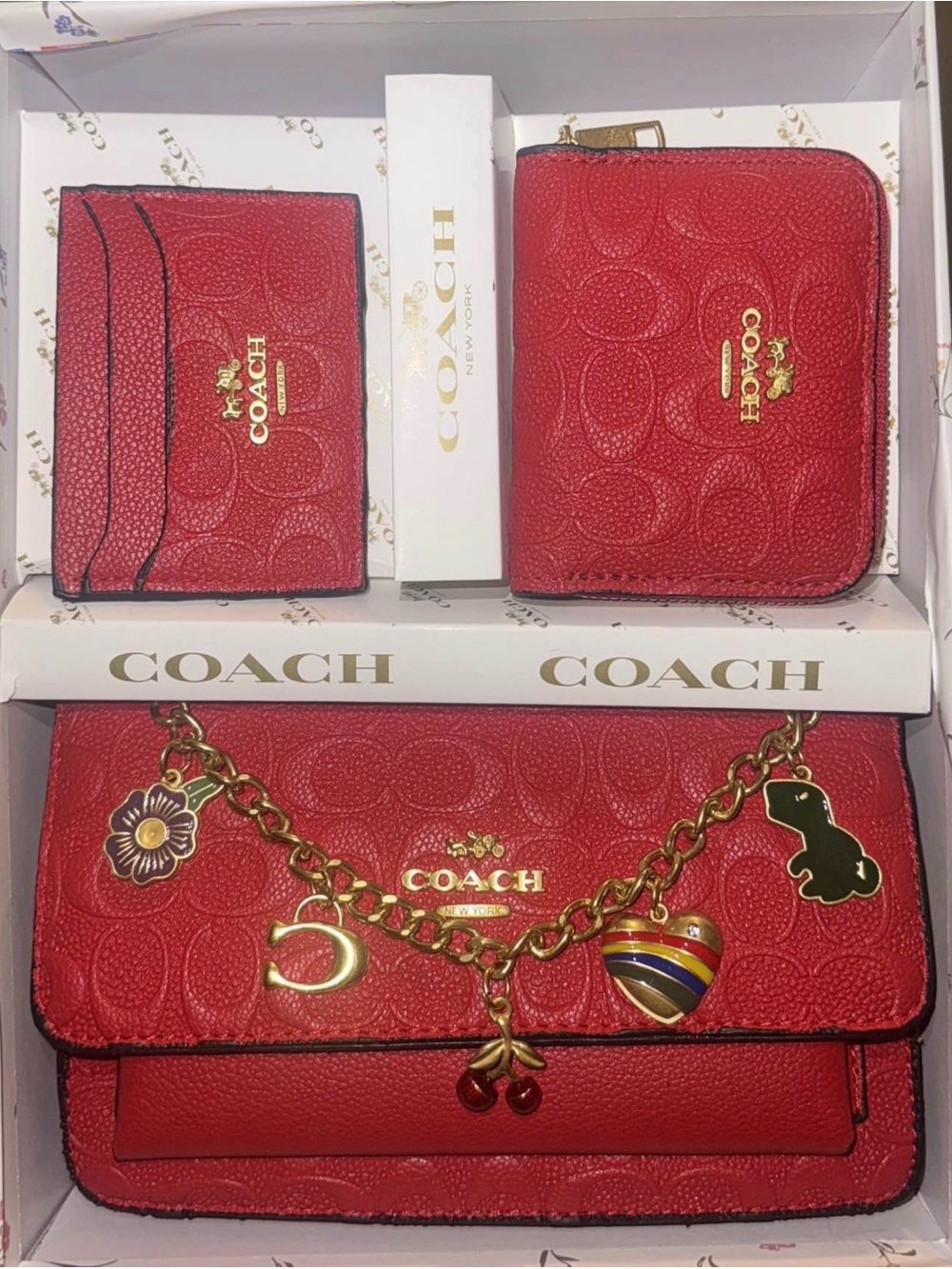 Coach Red Signature Charm Crossbody Bag with Matching Wallet & Card Case